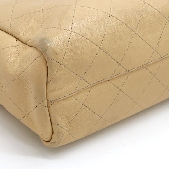 Authentic CHANEL CC Caviar Large 2Way Shoulder Tote Bag Chain Beige Leather - Picture 11 of 12